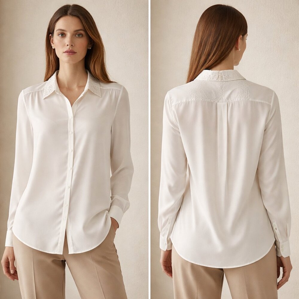 Burberry Silk Ivory Cream Button Down Shirt with Lace Collar Sz 8 Office Career